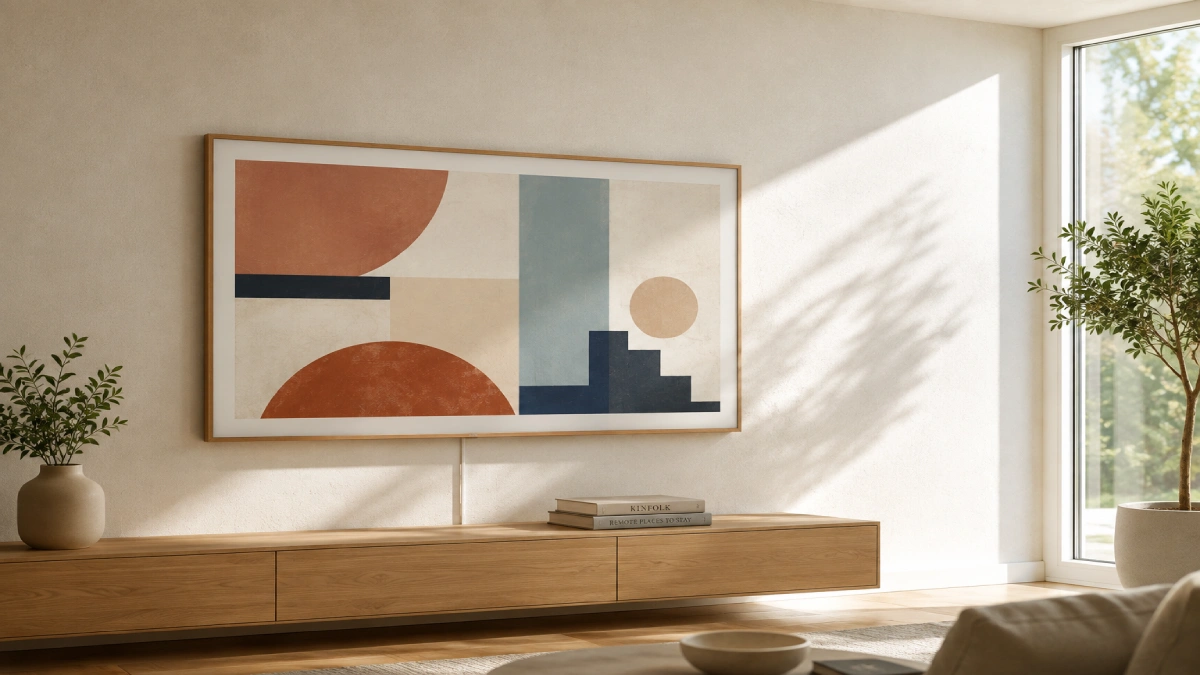 Televizor Samsung The Frame 55LS03F de 55 inch montat plat pe peretele unui living luminos, afișând o compoziție grafică mată