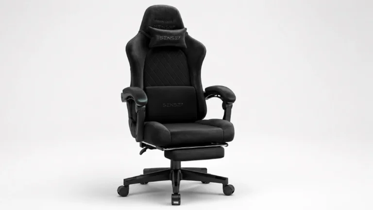 Scaun gaming SENSE7 DEVON, negru, cu tapițerie tip alcantara, pernă lombară, pernă pentru cap și suport de picioare retractabil