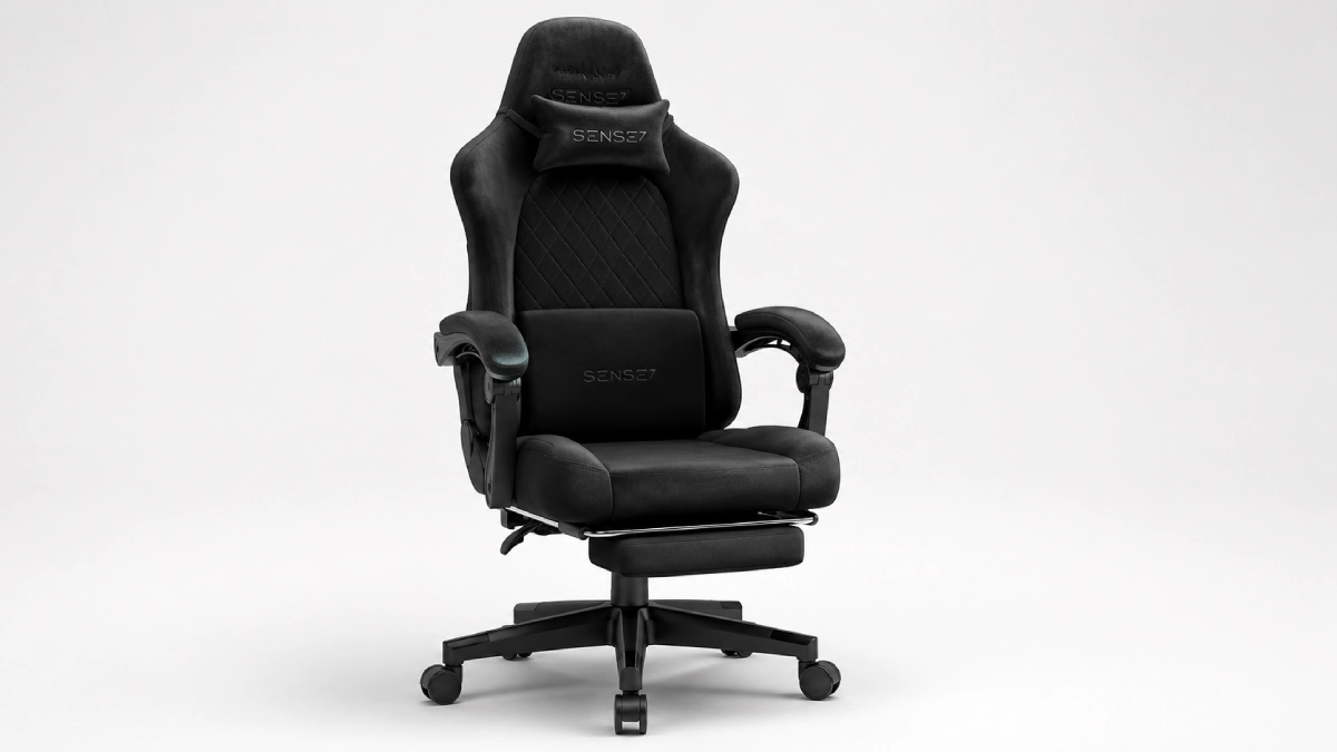 Scaun gaming SENSE7 DEVON, negru, cu tapițerie tip alcantara, pernă lombară, pernă pentru cap și suport de picioare retractabil