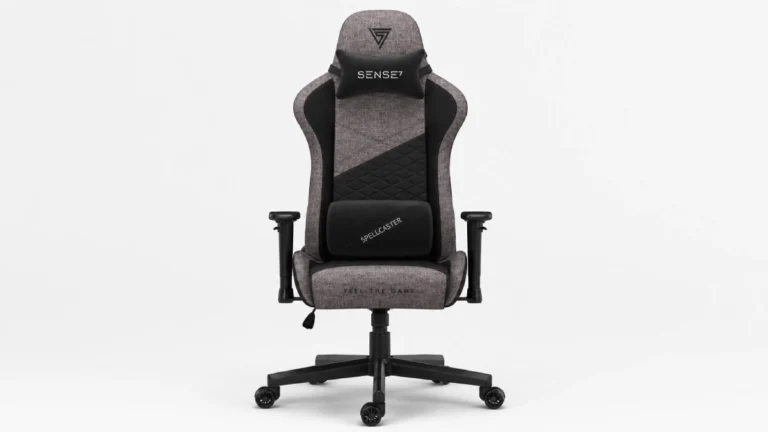 Scaun gaming SENSE7 Spellcaster Senshi Edition, gri și negru, cu tapițerie textilă, pernă lombară și pernă pentru cap