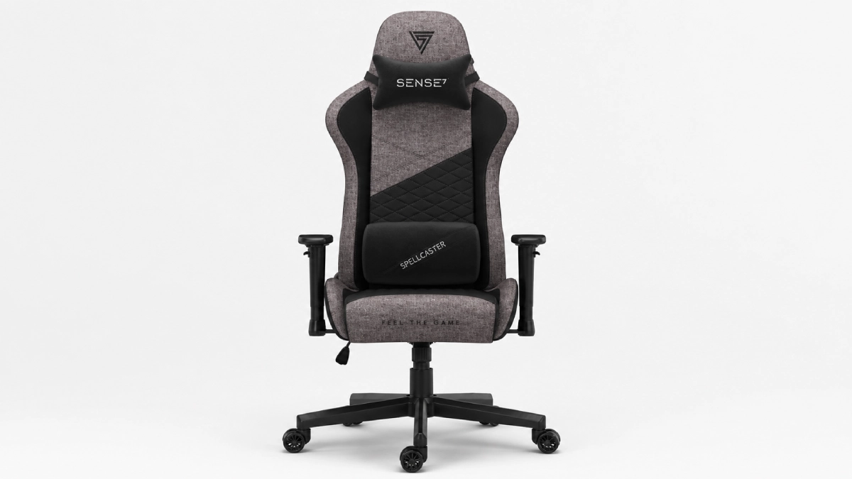 Scaun gaming SENSE7 Spellcaster Senshi Edition, gri și negru, cu tapițerie textilă, pernă lombară și pernă pentru cap