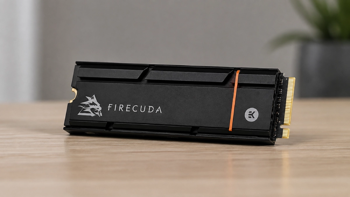 SSD Seagate FireCuda 530 Heatsink 2TB cu radiator EK, compatibil PS5, așezat pe masă din lemn