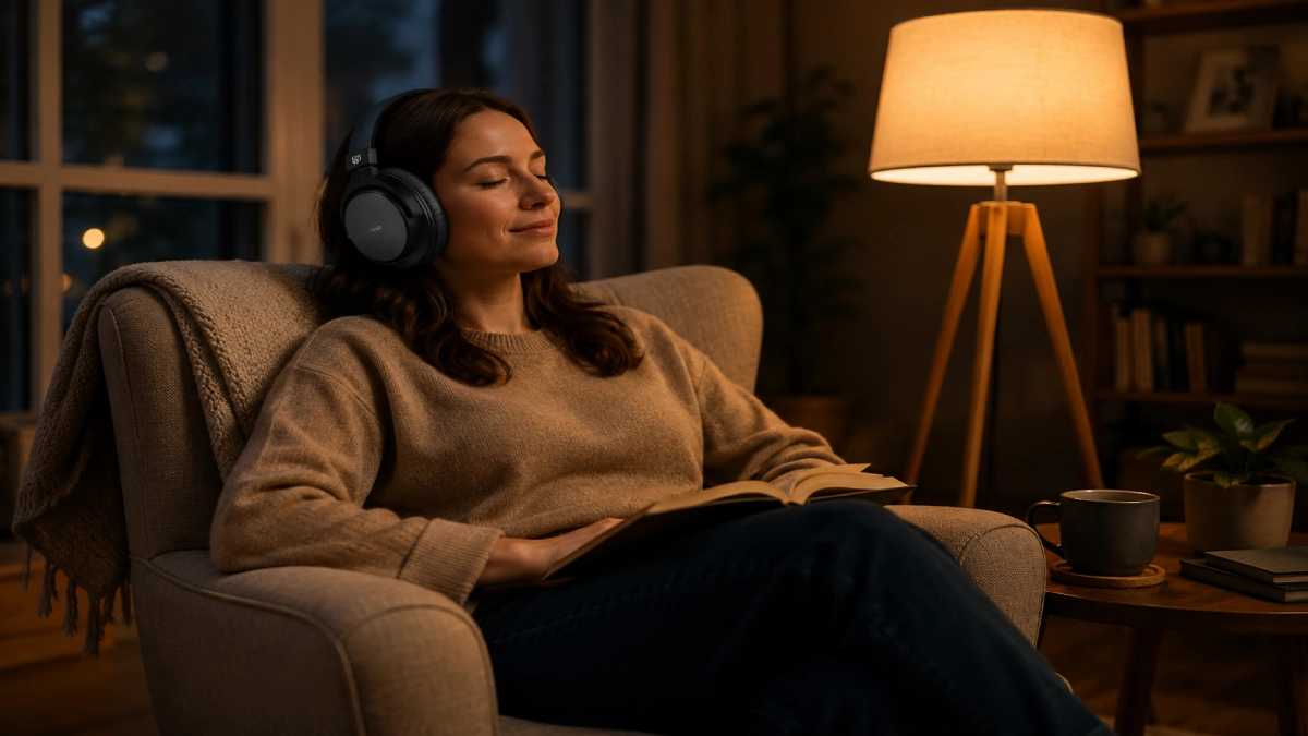 Femeie relaxată într-un fotoliu, purtând căști wireless over-ear negre, cu o carte pe genunchi într-o cameră luminată cald