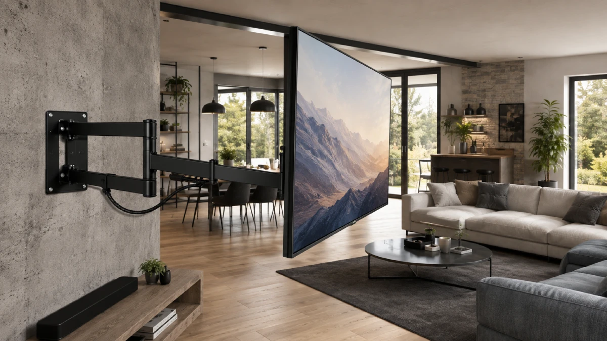 Televizor mare montat pe un suport TV articulat complet extins într-un living open-space