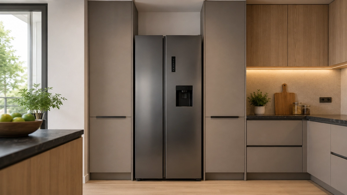 Frigider side by side îngust, așezat între două corpuri de mobilier de bucătărie