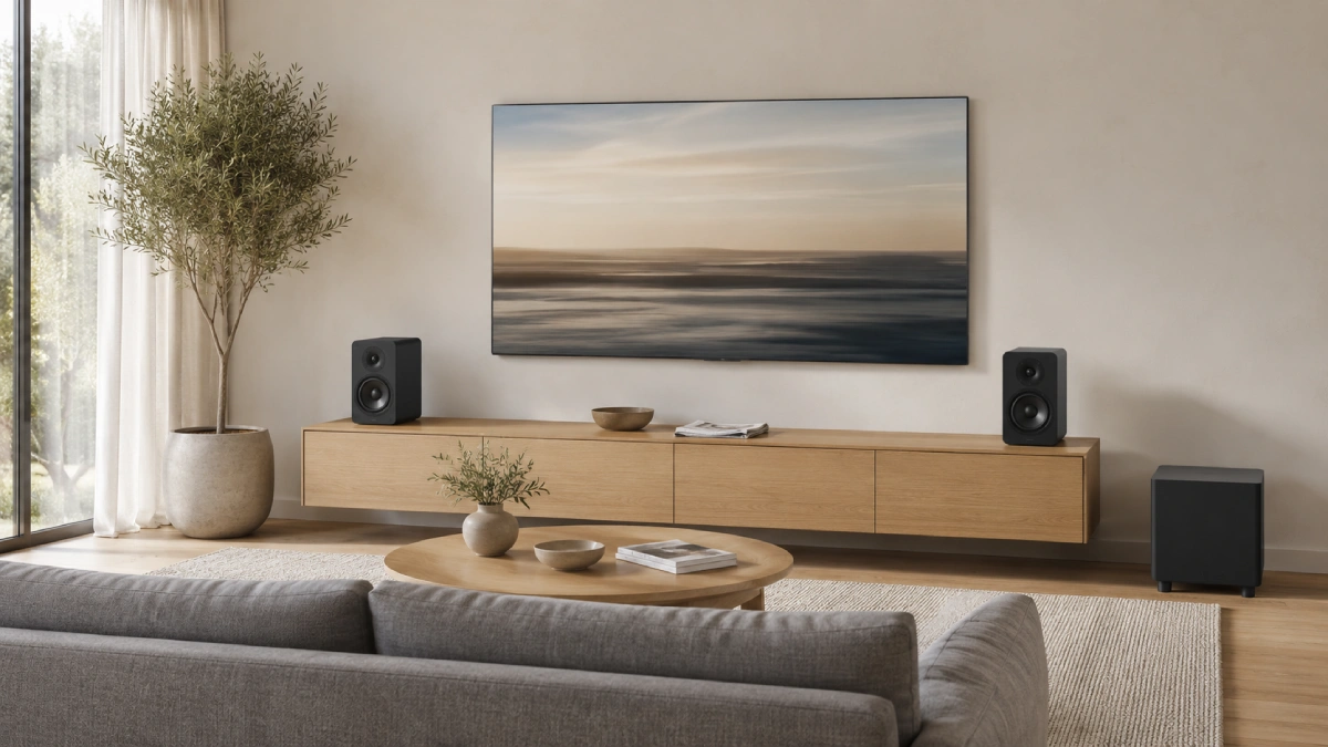 Televizor pe perete cu două boxe compacte de o parte și de alta și un subwoofer pe podea, într-un living modern