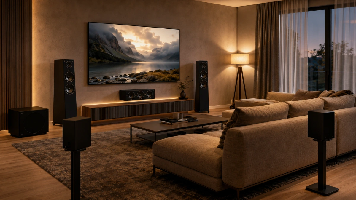 Living modern cu televizor, difuzor central, două boxe frontale, două boxe surround și subwoofer.