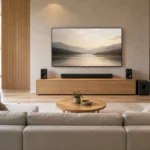 Living modern cu televizor, soundbar, boxe stereo, subwoofer și boxe surround