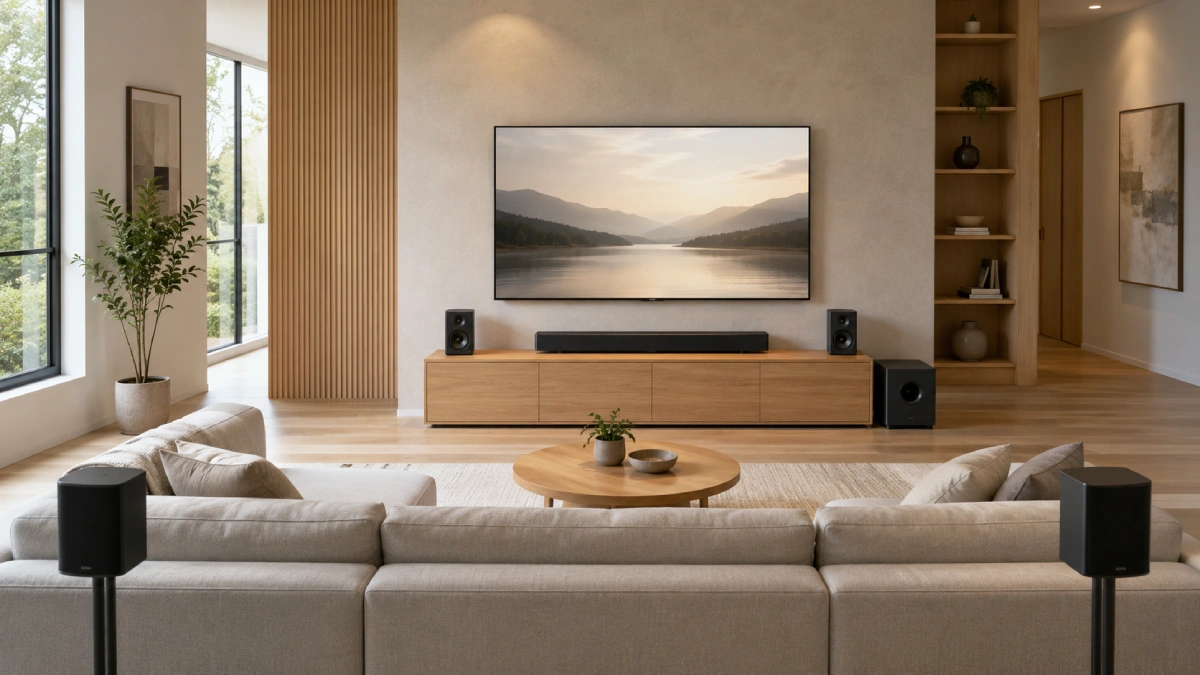 Living modern cu televizor, soundbar, boxe stereo, subwoofer și boxe surround