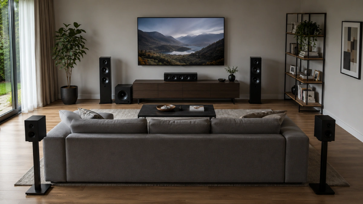 Living modern cu televizor, boxe frontale, boxă centrală, subwoofer și două boxe surround în spatele canapelei
