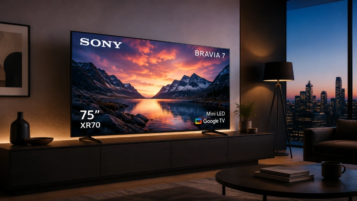 Televizor Sony BRAVIA 7 75XR70 de 189 cm într-un living spațios