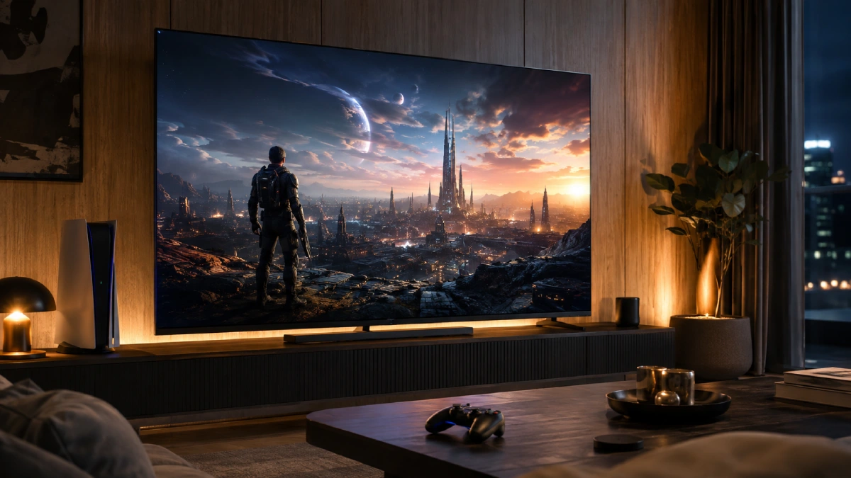 Televizor Sony BRAVIA 8 II într-un living modern, folosit pentru gaming pe consolă