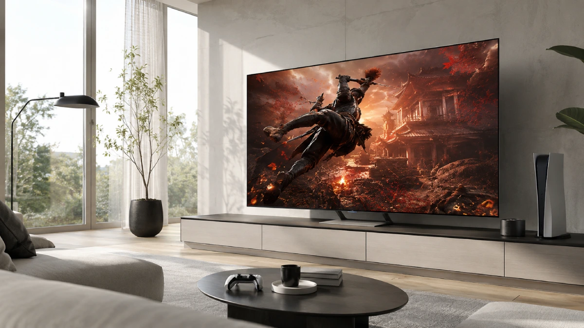 Televizor Sony BRAVIA XR 7 II 55XR75M2 de 139 cm într-un living luminos, folosit pentru gaming