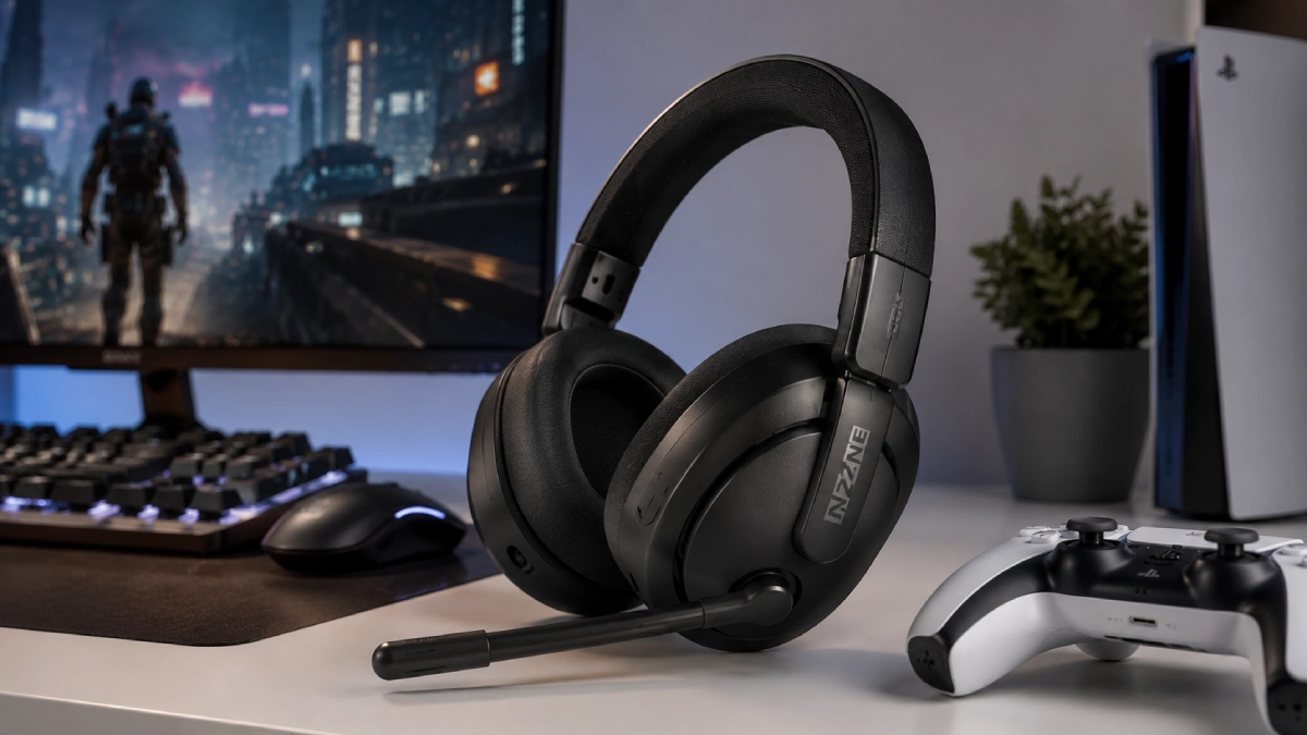 Căști gaming Sony INZONE H9 II WH-G910NB negre într-un setup pentru PC și PlayStation