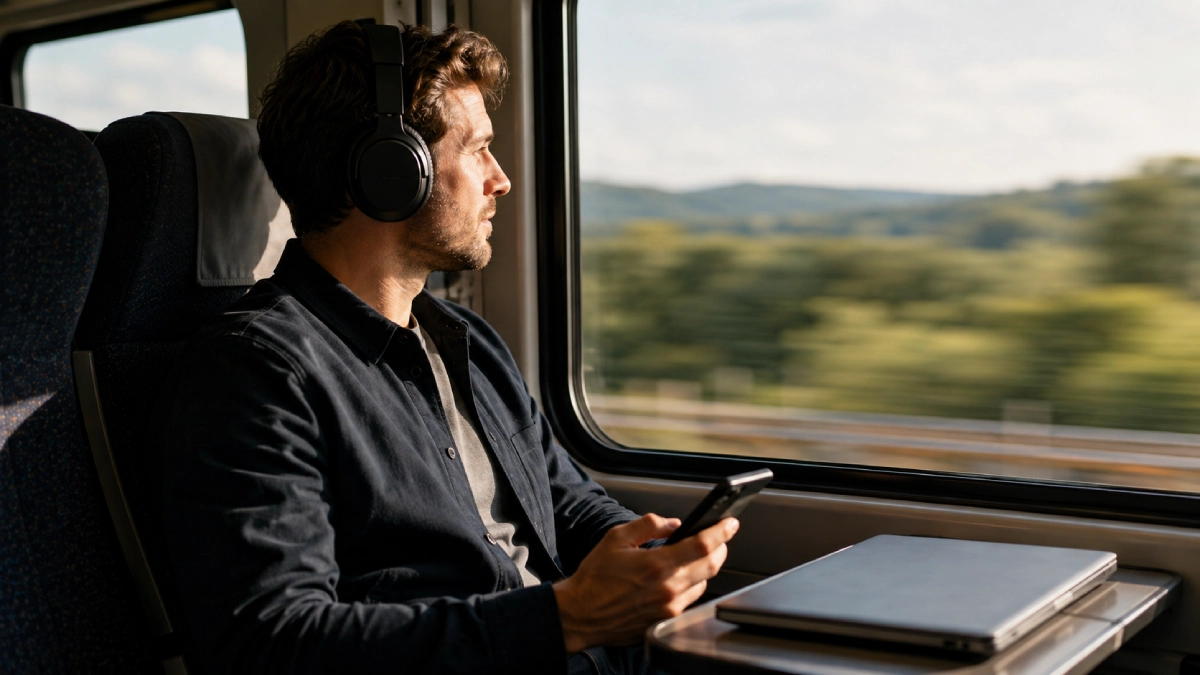 Bărbat care poartă căști wireless over-ear într-un tren, cu telefonul în mână și laptopul pe măsuță