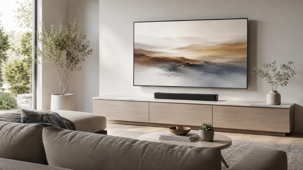 Televizor montat pe perete cu soundbar subțire amplasat central pe o comodă joasă