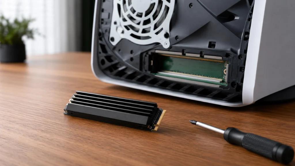 SSD M.2 de 1TB cu radiator montat în slotul de extensie al unei console PS5