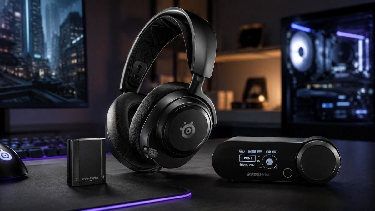 Căști gaming SteelSeries Arctis Nova Pro OMNI într-un setup premium, cu stație de bază și baterie detașabilă