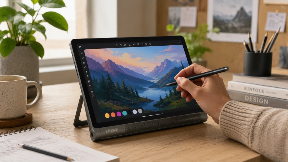 Lenovo Yoga Tab 11,1″ 3.2K folosită cu stylus pentru desen pe o masă de lucru