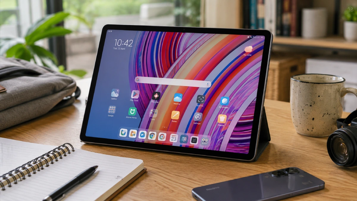 Redmi Pad Pro 12,1″ 5G într-un setup de lucru mobil, pe birou