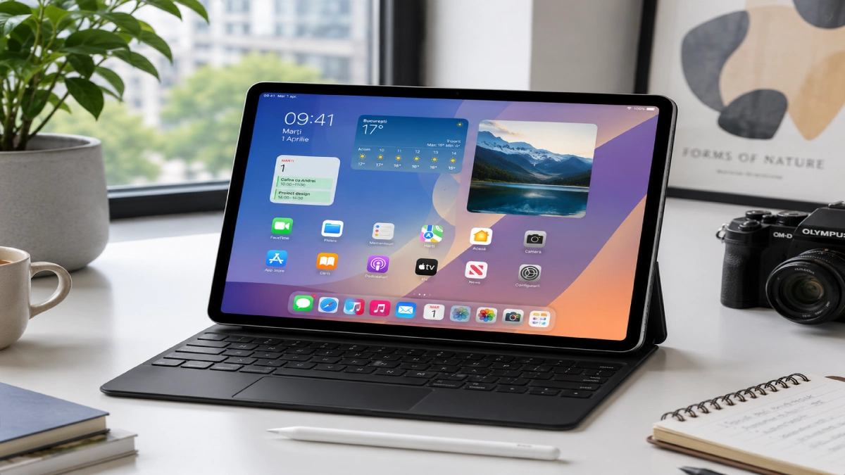 Apple iPad Air 11 M4 într-un setup de birou cu tastatură și accesorii