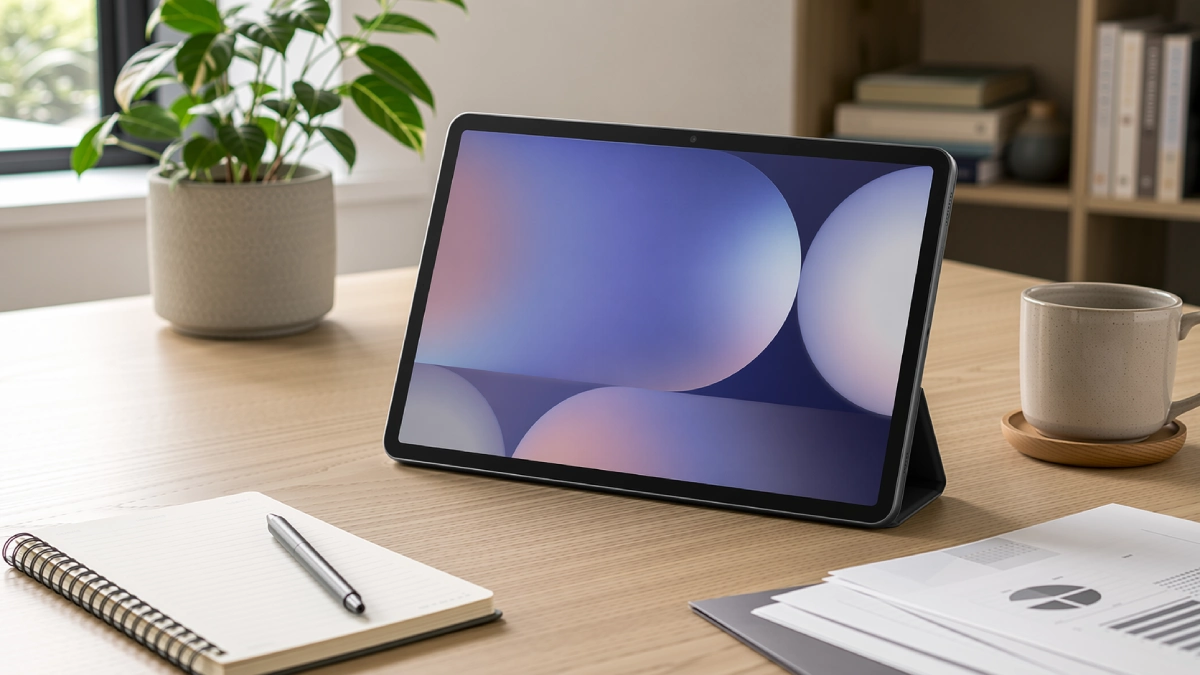 Samsung Galaxy Tab S10 Lite 10,9″ pe birou, alături de caiet și documente