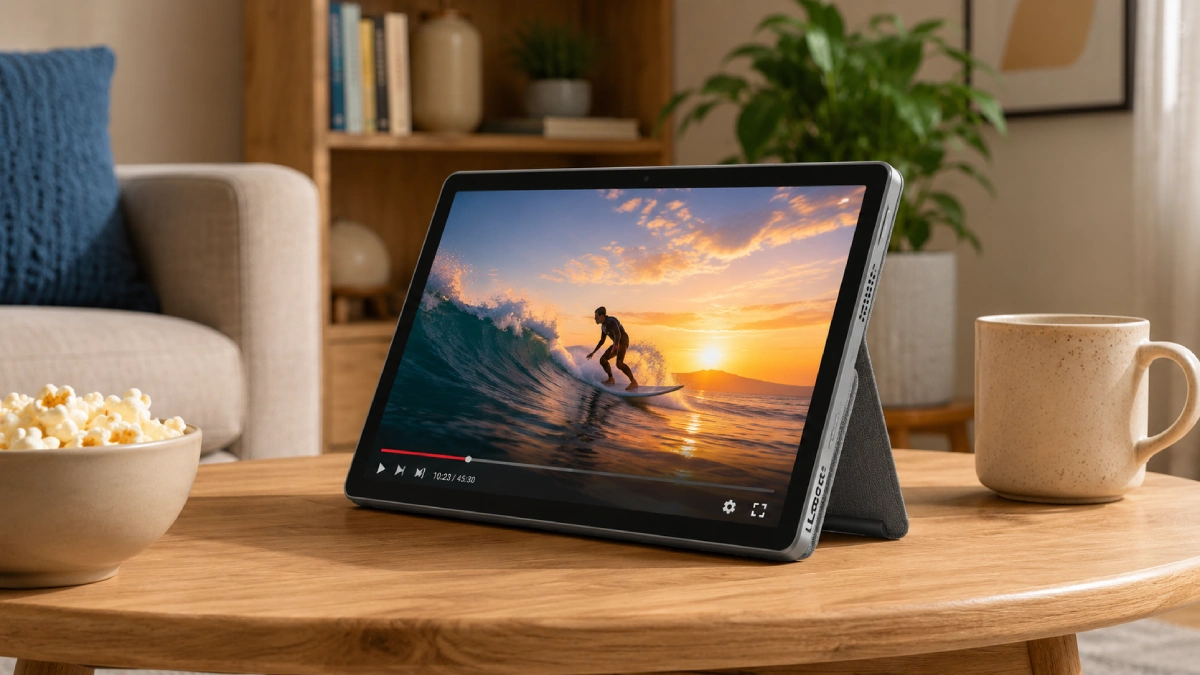 Lenovo Tab Plus 11,5″ pe suport integrat, într-un living