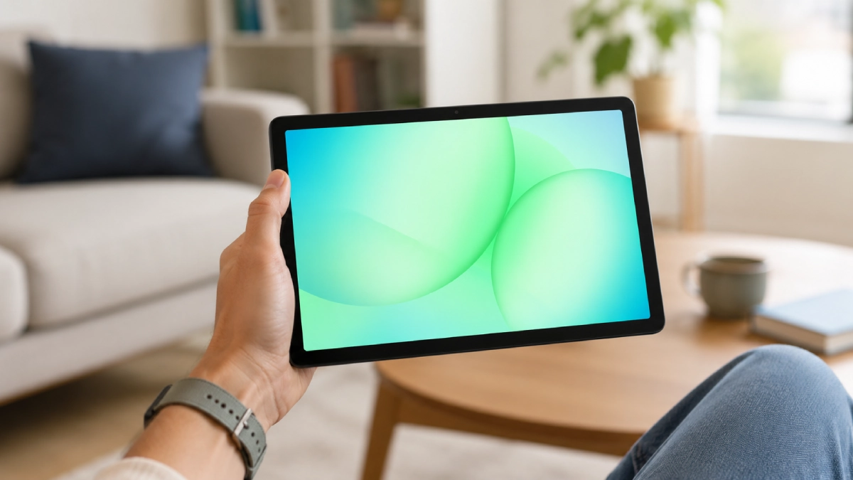 Samsung Galaxy Tab A11+ 11″ ținută cu o mână într-un interior luminos