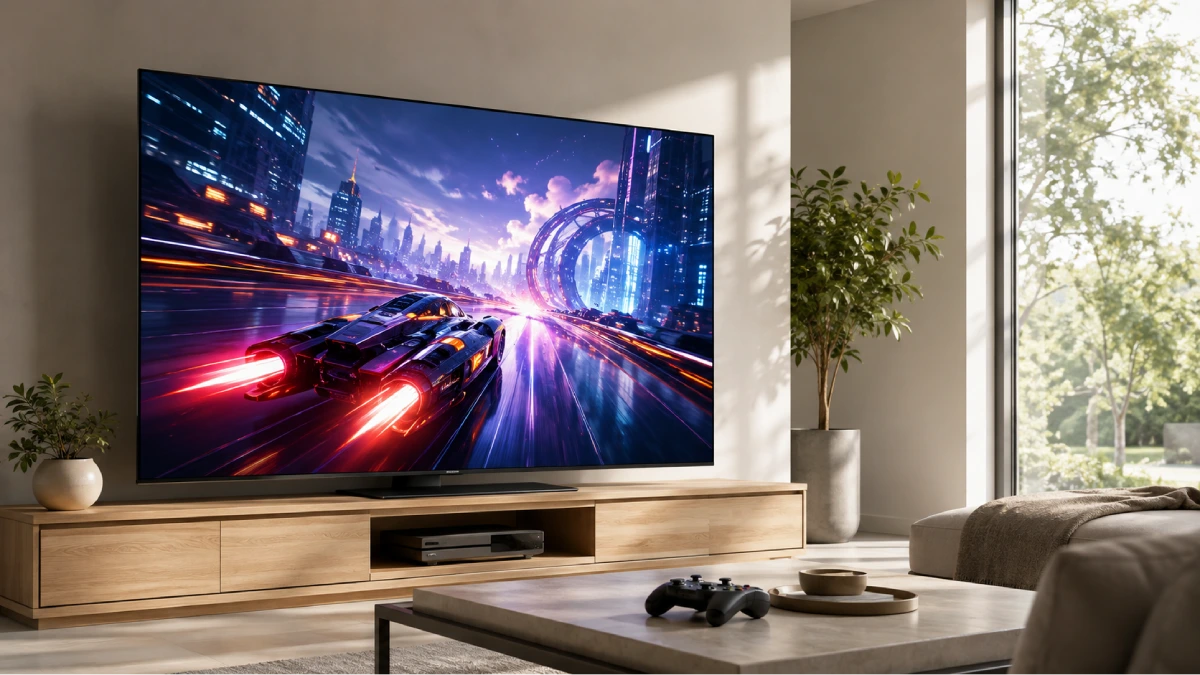 Televizor TCL C8K într-un living luminos, folosit pentru gaming