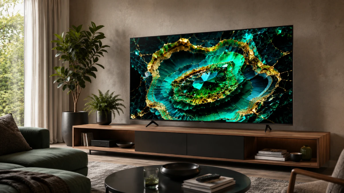 Televizor TCL QD-MiniLED 55C7K de 139 cm într-un living modern și luminos
