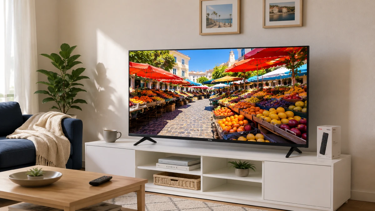 Televizor TCL QLED 55T69C de 55 inch pe o comodă albă într-o cameră de zi luminoasă, afișând o piață colorată în aer liber