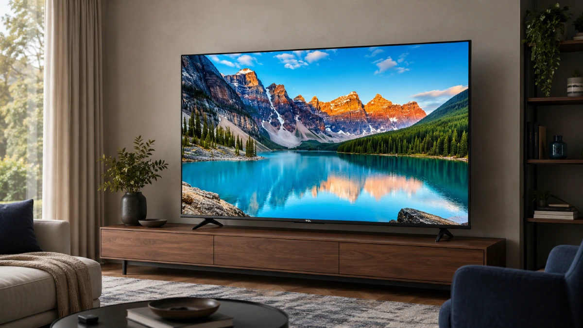 Televizor TCL QLED 65T69C de 164 cm într-un living spațios