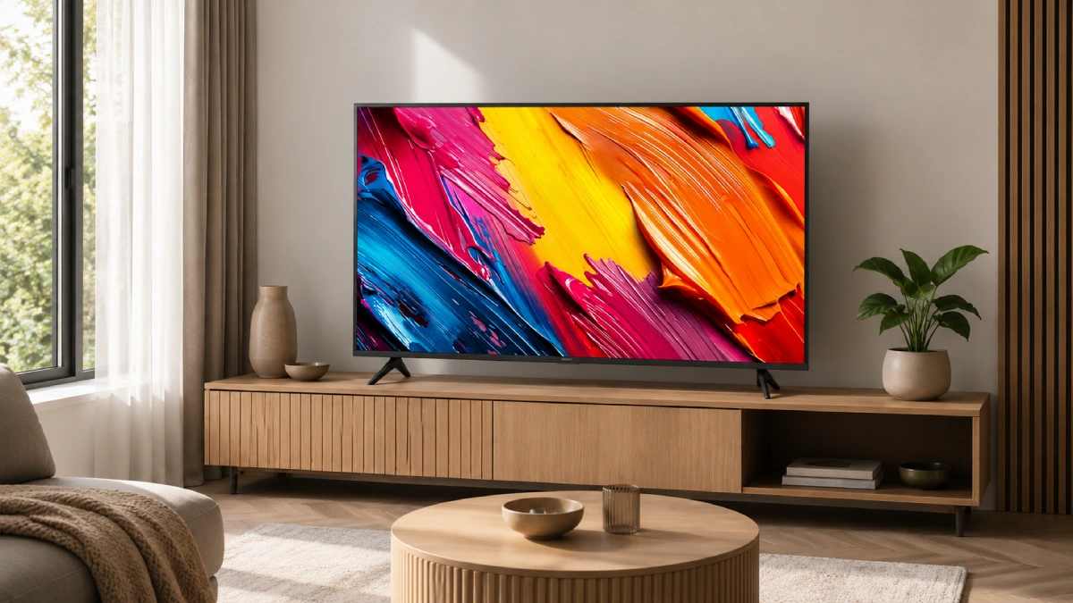 Concept vizual cu televizor LG QNED 43QNED70A6A de 108 cm într-un living modern