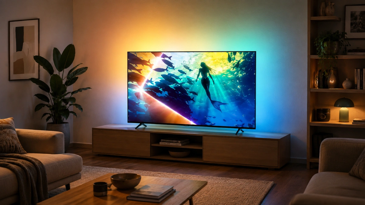 Concept vizual cu televizor Philips 50PUS8010 Ambilight de 126 cm într-un living modern