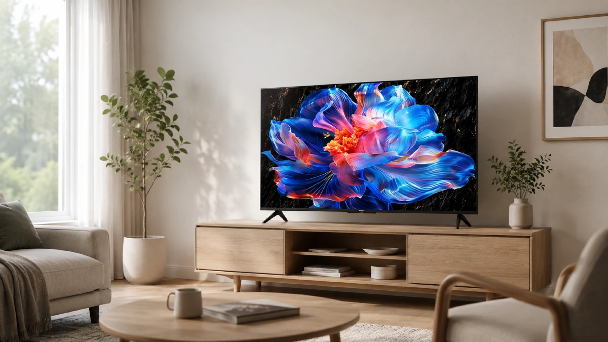 Concept vizual cu televizor TCL 43P6K de 108 cm într-un living modern