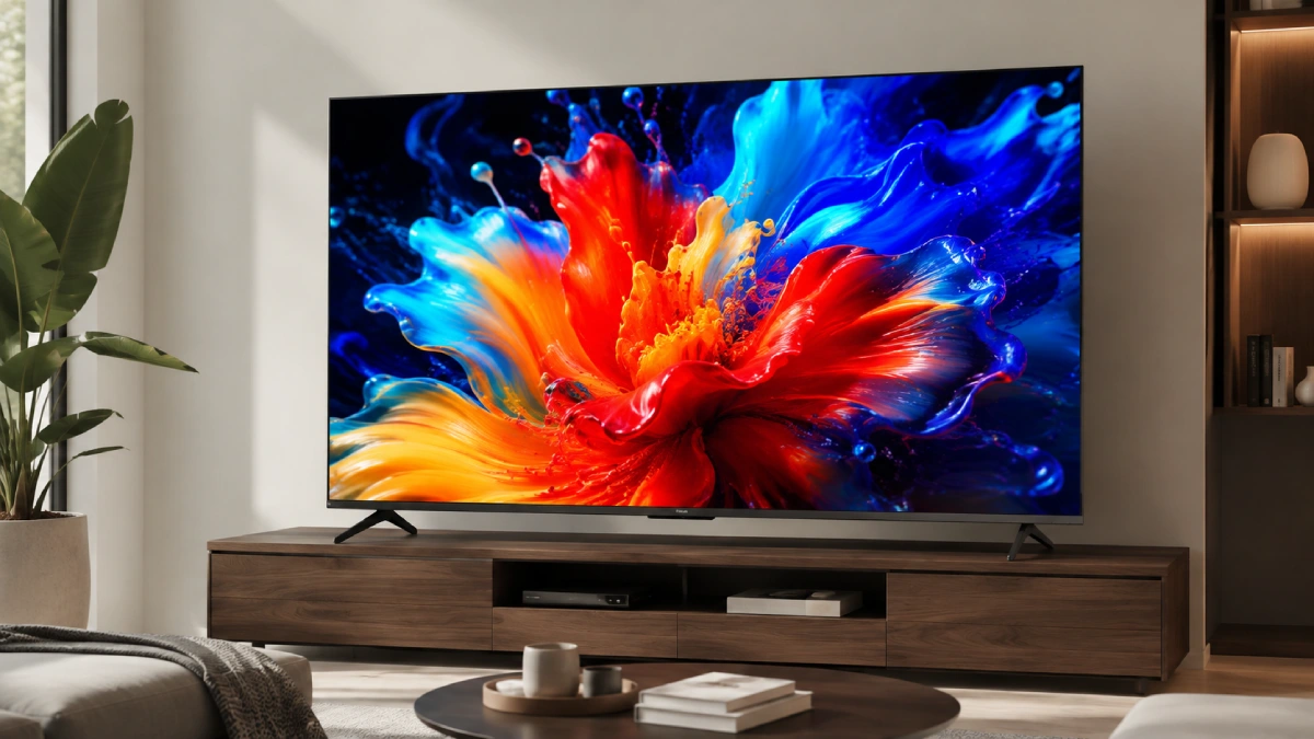 Concept vizual cu televizor TCL 55P8K QLED de 139 cm într-un living modern