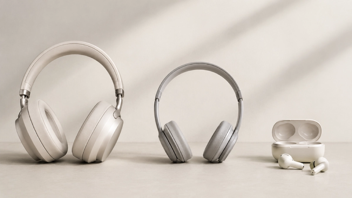 Trei tipuri de căști wireless așezate alături pe un fundal simplu: o pereche over-ear, o pereche on-ear și una true wireless cu carcasa de încărcare