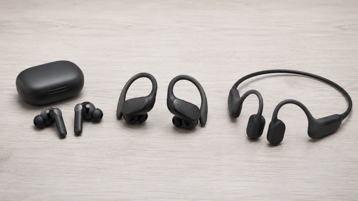 Trei tipuri de căști pentru sport așezate una lângă alta: in-ear clasic, in-ear cu cârlig peste ureche și open-ear cu bandă după ceafă