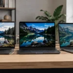 Trei laptopuri afișează același peisaj montan, cu diferențe vizibile de luminozitate, contrast și intensitate a culorilor.