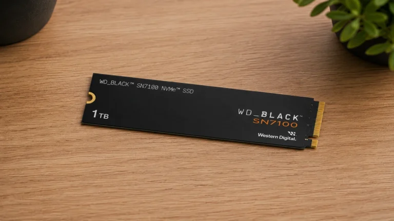 SSD WD_BLACK SN7100 1TB așezat pe o masă