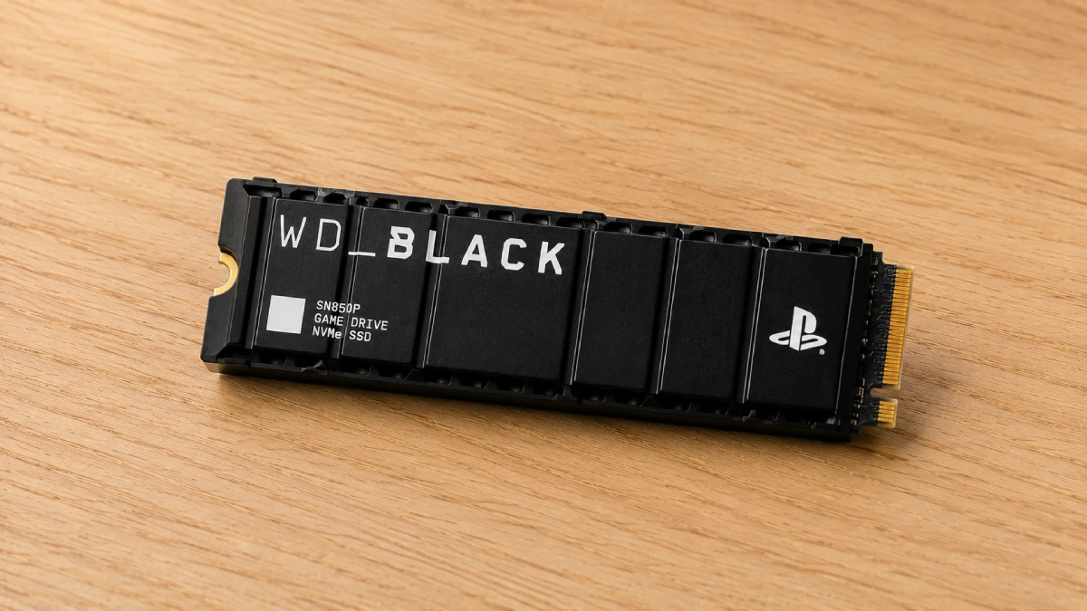 SSD WD Black SN850P 2TB cu radiator așezat pe o masă din lemn deschis