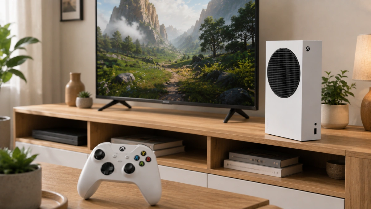 Xbox Series S 512 GB alb lângă televizor, cu controller Xbox în prim-plan