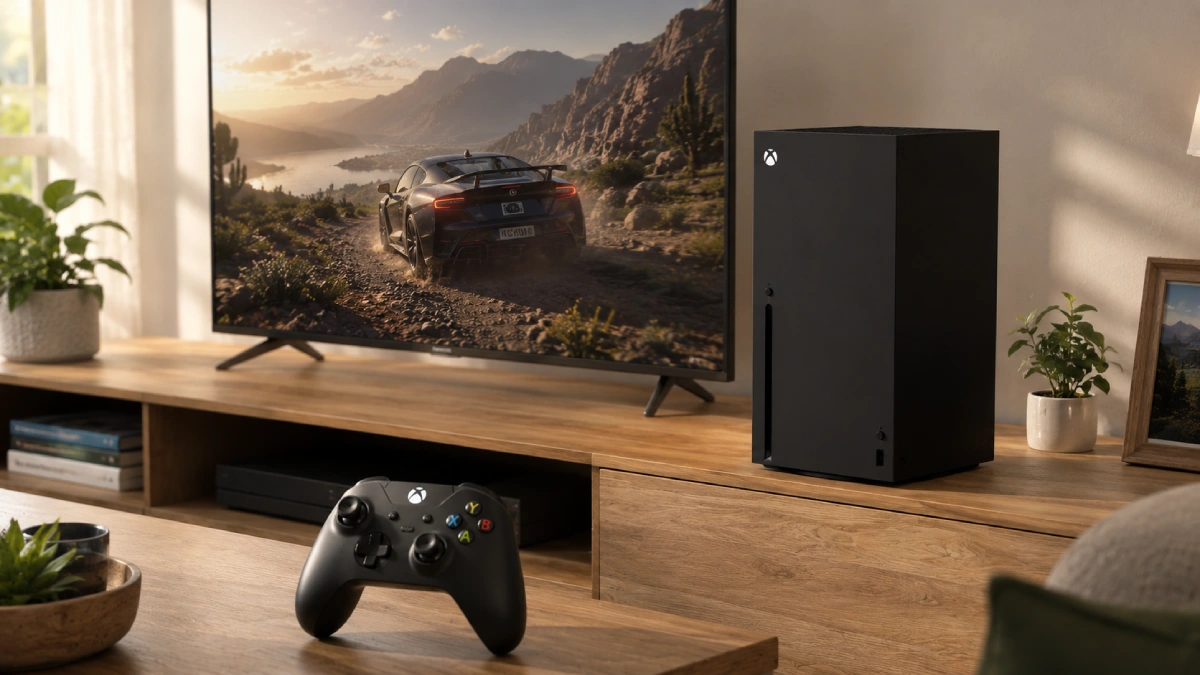 Xbox Series X 1TB lângă televizor, cu controller Xbox în prim-plan