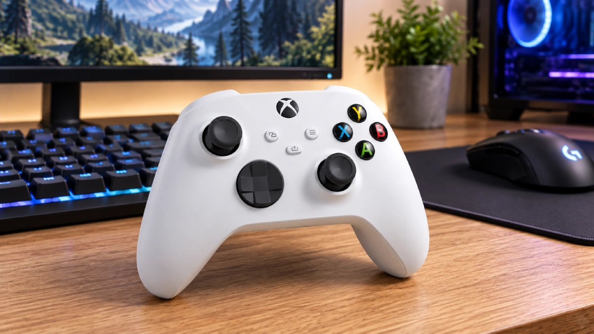 Controller Xbox Wireless Robot White într-un setup de gaming pe PC, lângă tastatură și mouse