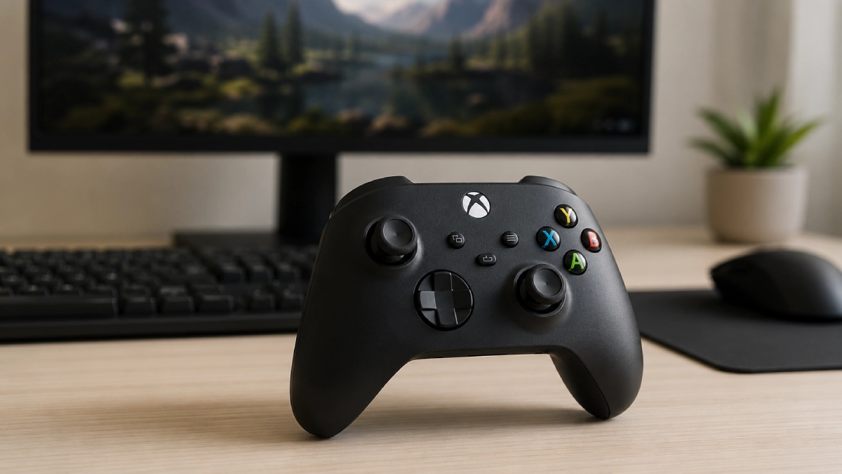 Controller Wireless Microsoft Xbox Series X/S negru pe un birou din lemn deschis, cu monitor estompat în fundal