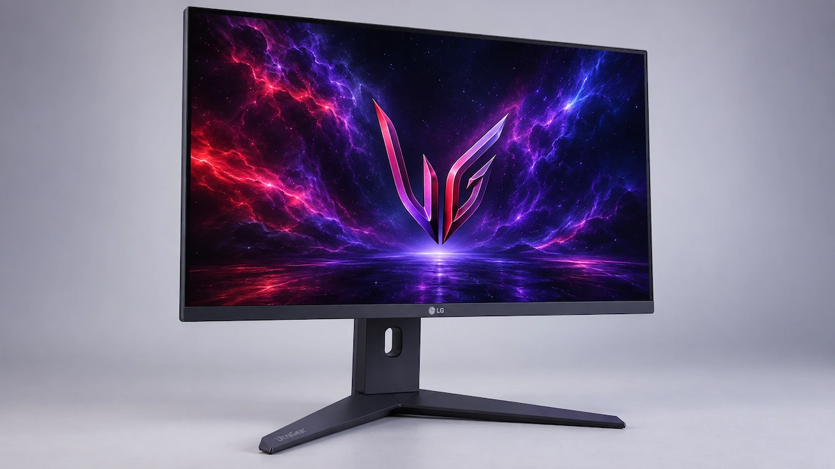 Monitor gaming LG UltraGear 27GX790A-B, OLED, 27 inch, fotografiat din unghi 3/4 frontal pe fundal neutru