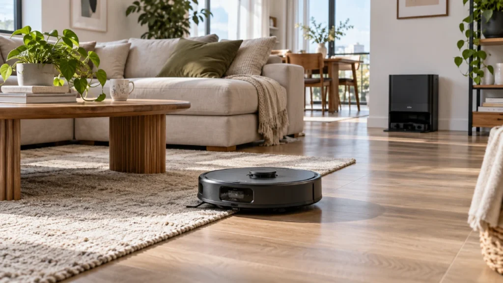 Aspirator robot premium curățând un living modern, cu stația de andocare în fundal