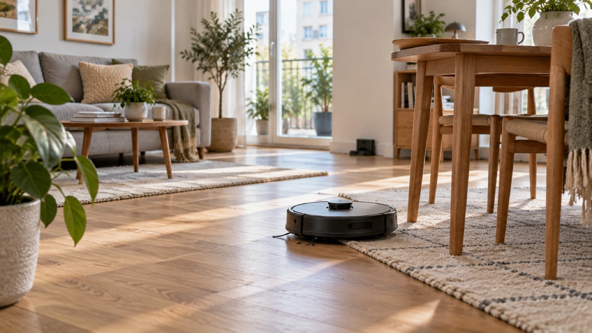 Aspirator robot deplasându-se autonom pe pardoseală, lângă marginea unui covor și mobilier