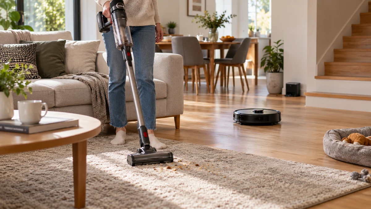 Persoană folosind un aspirator vertical pe covor, în timp ce un aspirator robot curăță autonom pardoseala din aceeași locuință