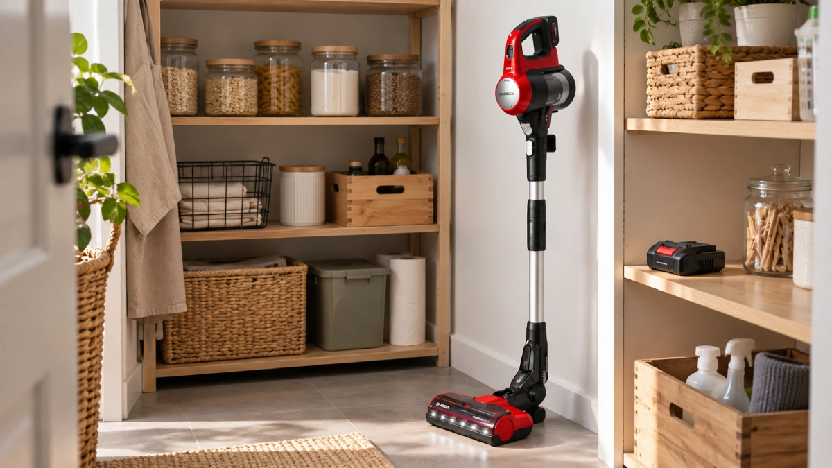 Bosch Unlimited 7 ProAnimal așezat vertical pe funcția Quick Stand, pe un raft de debara, cu acumulatorul scos și pus alături